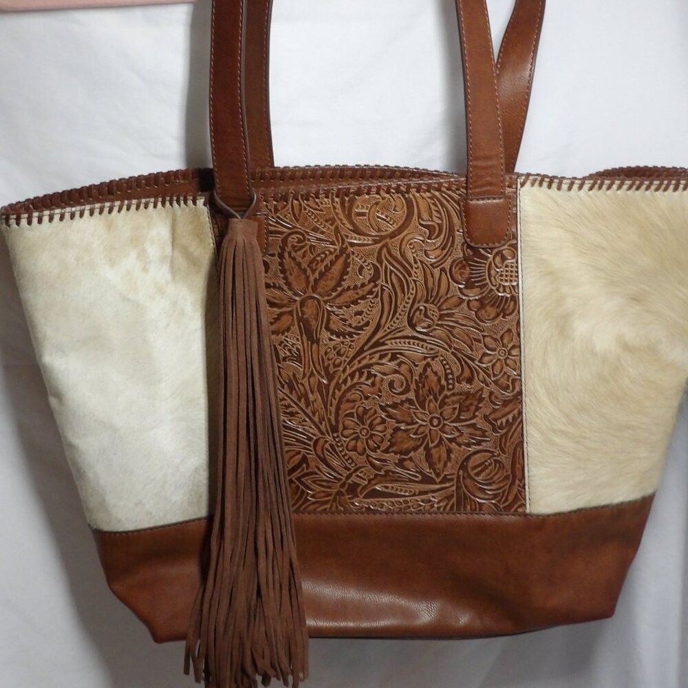 Shyanne Womens Hair On Tooled Leather Concealed Carry Tote